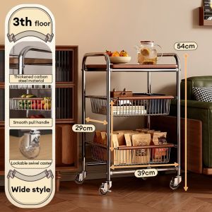 COHF Mobile Organizer Trolley | Multi-Functional Trolley | Mid-Century Modern Stainless Steel Rolling Cart | with Pull-Out Baskets & Wooden Top