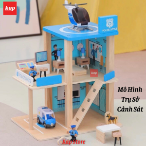 Bộ đồ chơi nhà cảnh sát 3 tầng nhà cứu hỏa phụ kiện chơi kèm đường ray xe lửa gỗ