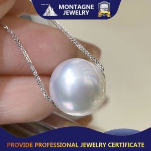 Montagne Jewelry 18K Pure White Gold Necklace For Women Elegant Design Fine Jewellery Natural 12-13mm Grade A White Pearl Pendant