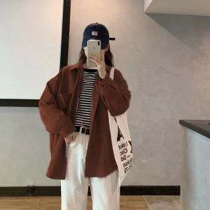 Basic Corduroy Outer Blus fashion kemeja lengan panjang longgar setengah panjang gaya Korea baru