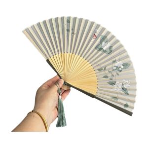 GJURD Retro Folding Hand Fan Lotus Design Classical Dance Fan Traditional Wooden Handle Hand Cranked Fan Summer