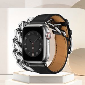 Metal Chain Link Strap For Apple Watch Ultra Ultra2 9 8 7 6 Leather Double Tour Band i Watch 49mm 44mm 45mm 42mm 41mm 38mm 40mm Bracelet