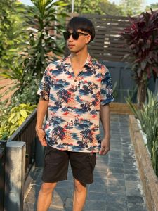 เสื้อเชิ้ตฮาวาย วินเทจ ผ้าไหมอิตาลี เสื้อสงกรานต์ เสื้อลายดอก สงกรานต์ เล่นน้ำ ทะเล F59