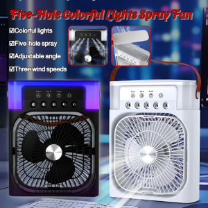 Portable Air Cooling Fan Five-Hole Spray Fan Three Wind Speeds Colorful Lights Chiller Large Desktop Fan Cool Breeze