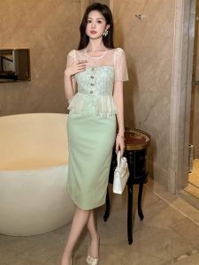 ZYHT EraVogue เดรสผู้หญิง เดรสสีเขียว เดรสตาข่าย เดรสทำงาน เดรสไฮโซ เดรสวินเทจ เดรสออกงาน เดรสปาร์ตี้ ชุดราตรี 21179