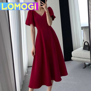 red dress shopee Red Sleeveless Knee-length Dress With Flared Skirt