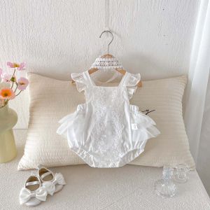 2026 Summer 3M-2Y Baby Clothes Girls Lace Bodysuit with Gauze Decoration Sleeveless and Backless Toddler One-piece2026