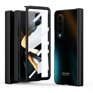 【With Front Glass】KISSCASE Solid Color Electroplating Case For Samsung Z Fold5 Fold4 Fold3 With Screen Tempered Film All-inclusive Shockproof Hard PC Back Cover For Galaxy Zfold5 Fold3 Fold4 Fold3 Case
