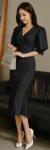 LooWear Dress Midi Pesta Natal Wanita Bodycon Lengan Puff Vneck Polos Korean Style Casual Formal Model Rok Mermaid Duyung Terbaru