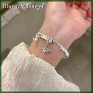 Hmeme Chinese Style Floral Butterfly Push Pull Adjustable Bangle Heart Shaped Bamboo Link Flower Bud Opening Bracelet Fashion Jewelry