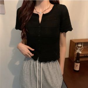 🍒 V-neck Knitted Short-sleeved T-shirt Womens Hollow Thin All-match Gentle Short Top