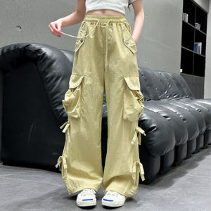 130-160cm กางเกงคาร์โก้เด็กผู้หญิง กางเกงคาร์โก้เด็ก การออกแบบโบว์ กระเป๋าหลาย ขากว้าง เอวยางยืด ระบายอากาศได้สะดวกสบาย สีม่วง / เหลือง