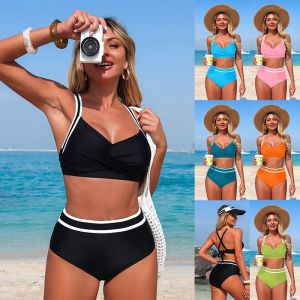 2026 New Womens High Waisted Bikini Sets Two Piece Swimsuits Sporty Tummy Control Bathing Suit Color Block Swim Suit Swimwear