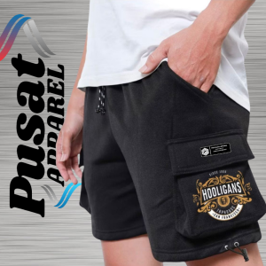 Celana Cargo Pendek Bahan Fleece Premium Warna Hitam Banyak Motif Simple Kargo Distro Santai