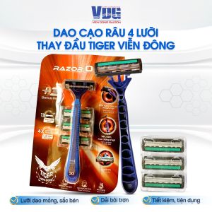 Combo dao cạo râu 4 lưỡi thay đầu Tiger Viễn Đông kèm 3 đầu lưỡi dao thay -  Dải bôi trơn lưỡi dao sắc bén giảm ma sát kích ứng da - Đồ dùng nhà tắm VDG