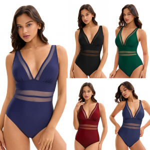 Womens One Piece 2025 Tummy Control Swimsuits Neon Color Block Swimwear Deep V Neck Slimming Bathing Suit Solid Bathing Suit
