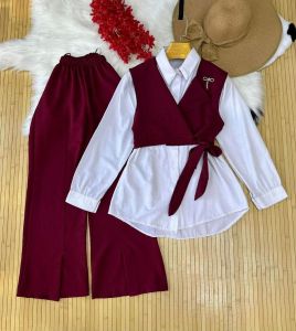 Setelan Rompi dan Celana Anak Perempuan Crinkle Flax Premium - Gaya Formal Lengan Panjang Usia 6-10 Tahun