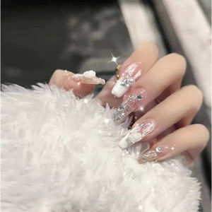 【24PCS】3D Fake Nails Crystal Flower Fake Nail Set Diamonds False Nails with Glue