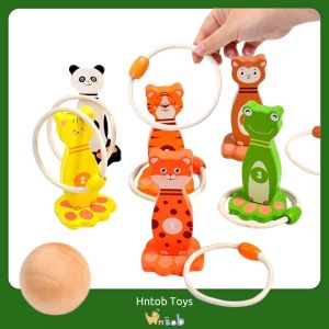 Hntob Wooden Bowling Hoop Set Kids Indoor Outdoor Animals Playset Ducational Game Childhood
