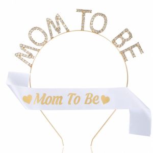 MYCOLOR Silver MOM TO BE Headband Rhinestone Gold Gender Reveal Party Supplies Jewelry Hair Hoop Satin Ribbon Sash Set Party
