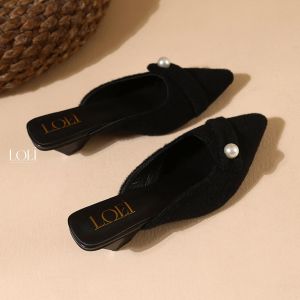 LOEI Jiyun Fluffy Pearl Mules – Sepatu Slip On Wanita Modis 5 cm 7112