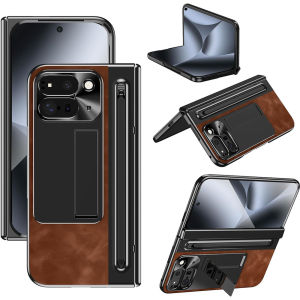 Built in Screen Protector & Stylus & Pen Holder Hidden Kickstand Hinge Protection Retro Leather Hard Plastic Full Body Shockproof Phone Cover for Pixel 10 Fold Pro CasePixel 9 Pro Fold Case-152c4c8b