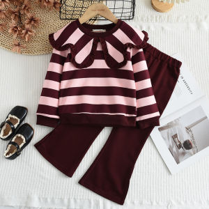 Bear Leader Korean Version Spring Casual Clothes Sets for Baby Girls Autumn New Lace Lapel Collar Striped Print Sweatshirt Top + Pants 2-piece Suit 3-7 Years Long Sleeved Kids Clothes Christmas Outwear