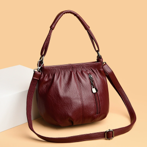 Soft Crossbody Bag for Women - Adjustable Strap Zipper Closure Vintage Bucket Style Solid Color Mini Shoulder Bag in Deep Brown/Burgundy/Black Casual Handbag | Functional Fashion | Layered Design Small Crossbody Bag