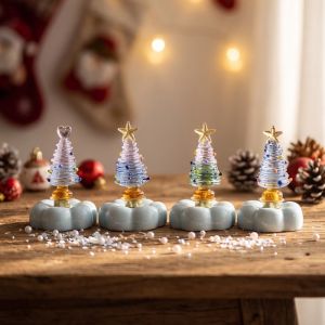 K9SEQ Glass Christmas Tree Figurine Handmade Ceramic Base Glass Tree Sculpture Rotating Display Base Mini Tree Ornament Christmas Decor