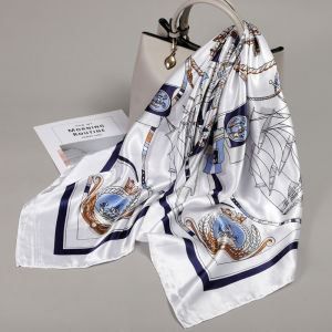 1 PC 90*90cm Luxury Style Womens Square Silk Scarf Large Size Breathable Thin Sailboat Printed Satin Shawl Headscarf