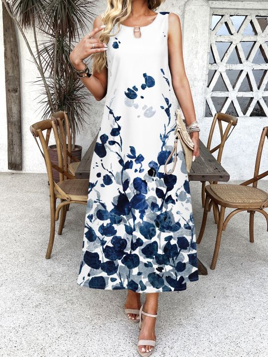 Floral Print Maxi Dress Bohemian Chic, Sleeveless Crew Neck with Keyhole  Pockets for Women Perfect Casual Summer Dress