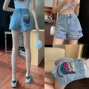 Mrs.huang shop กางเกงยีนส์ขาสั้นเอวสูง พิมพ์ลายขาดรู ผ้าเดนิมทรงตรงสวยเข้ารูป สไตล์เกาหลีฤดูร้อน รุ่นใหม่
