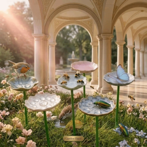 OUTOPEN Flower-Shaped Bee Bird Feeder Ceramic Garden Decoration Insect Water Dispenser Garden Stake Decor Drinking Cup Hummingbird Feeder Outdoor
