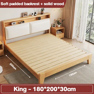【In Stock-ships within 24H】Katil Queen Solid Wood Bed Frame With Headboard Soft Package Wooden Bed Kayu Rangka Super Single/King Bed 实木床