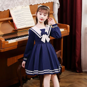 2021 Autumn and Winter Girls Sailor Collar Design Fleece-lined Warm Blue Red Preppy Style Pleated Children Dress