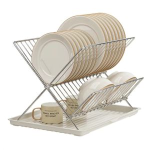GIGBM X-Shape Foldable Dish Drying Rack Non-slip 2 Tier Kitchen Tableware Holder Compact Large Capacity Countertop Dish Drainer Bow Plate