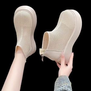ZEEMIN Spring Summer New Womens Mesh Hollow Out Ankle Thin Boots Thick Sole Non Slip Breathable Zippers Round Toe Flat Sole Sandals