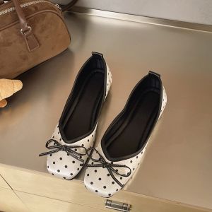 Free Shipping Flat-Soled Bow-Knot Gentle Evening Shoes For Women 2026 Spring Collection Satin Polka-Dot Ballet Flats