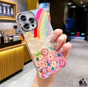 (Free Ring Kamera) Luxury Softcase Shine Rainbow Flower Butterfly Gliter Swarovsky For iPhone 15 14 13 12 11 Pro Max Plus Xr Silikon Pelangi Bunga Kupu Kupu Pelindung Kamera Chrome Krom Camera Protector Silicone Anti Gores Kaca