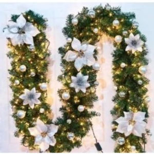 Christmas Garland Wreath 9FT DIY Artificial Poinsettia Berries Pinecones For 2025 Xmas Home Decor