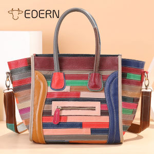 EDERN ใหม่กระเป๋าโททแบ็กหนังแท้สำหรับผู้หญิงกระเป๋าถือพาทช์เวิร์คแฟชั่นกระเป๋าสะพายไหล่หนังวัวจุของเยอะกระเป๋าสะพายข้างผู้หญิง