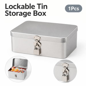 K9SEQ 1Pcs Tinplate Lockable Tin Storage Box Silver Lockable with Keys Desktop Storage Box Portable Coin Storage Box for Jewelry Coins Diaries Office Supplies Storage