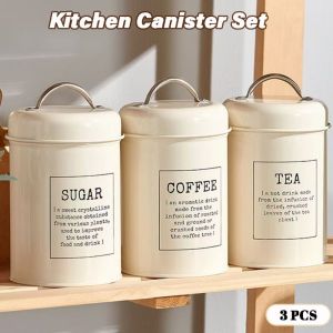 GOLDVAULT 3 Pcs Metal Storage Canister Set Sealed Storage Jar Kitchen Canister Set  Reusable Coffee Tea Sugar Tins Kitchen Supplies