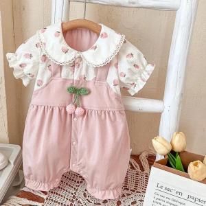 Summer Baby Girls Thin Rompers Lace Peter Pan Collar Puff Sleeve Cute Strawberry Print Jumpsuit Newborn Birthday Clothes E242562026