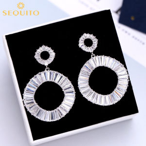 SEQUITO Tính Khí Không Thường Xuyên Big Round Drop Với AAA CZ Pha Lê Pendant Earrings Đối Với 925 Sterling Silver Pins Phụ Nữ Tuyên Bố Dài Earing Trang Sức Ăn Mặc Phụ Kiện SE-203