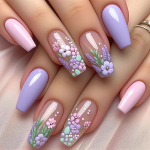 24 Pcs Short Ballerinas Press On Nail Purple Acrylic False Nail Glossy Artificial Nail 3D Flowers Stick on Nail for Party