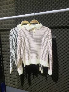 Louyi polo sweater rajut wanita crop motif garis lengan panjang berkerah