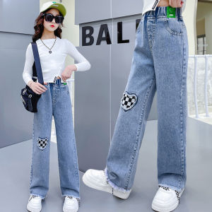 Fashion Pants for Kids Girl Cute Embroided Design Jeans Denim Maong Pants for Kids Girl Korean Loose Casual Wide Leg Pants New Pants Aesthetic Korean Style Childrens Clothing 5-16Yrs
