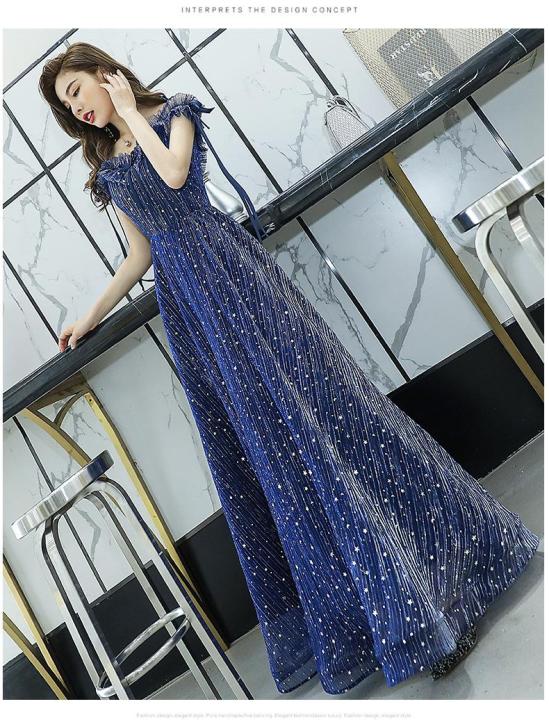 2019 new shine long evening dress blue banquet for party and meeting slim thin for ladies Lazada