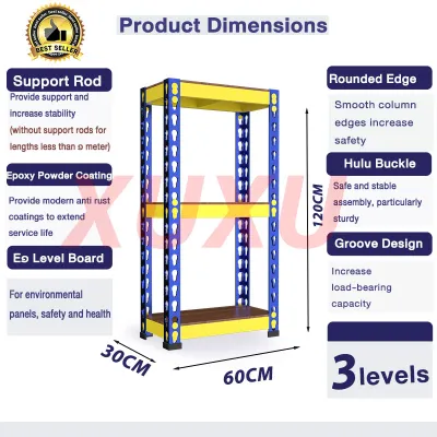 XUXU Boltless Rack Rak 4/5 Tier Besi Bertingkat Heavy Metal Frame Rak Besi Rak Buku Warehouse Store Office Storage Shelves Blue Yellow Rak Dapur 货架置物架